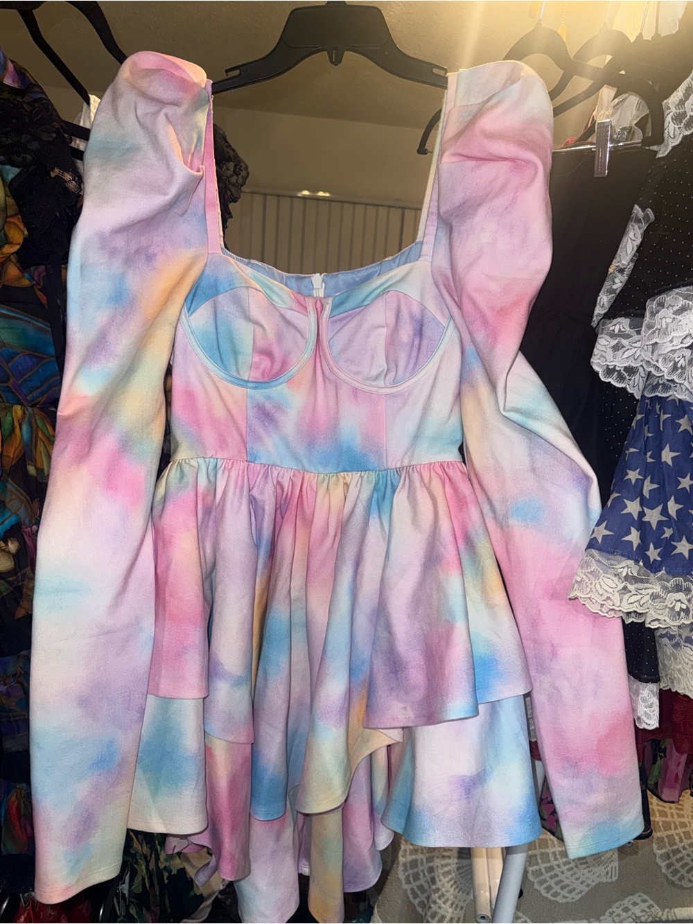 Selkie Pastel Tie-Dye Puff Sleeve Boleyn Dress- Medium